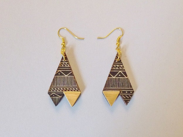 Triangle Tribal Print Black & Gold Earrings