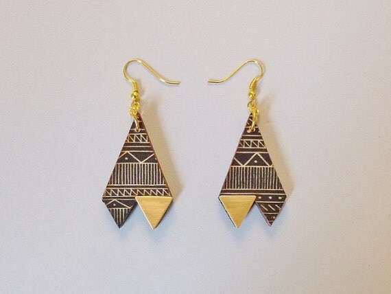 Triangle Tribal Print Black & Gold Earrings