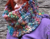 Unique handknitted chunky cable cowl from handspun wool: Ba Ba Rainbow Sheep