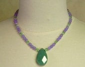 Green Jade Tear Drop, Lavender Jade, Peridot Facet Cut Crystal, Silver Necklace