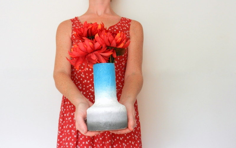 Vase / gray white and blue vase / Turquoise Home Decor / flower vase / glass vase with stone texture