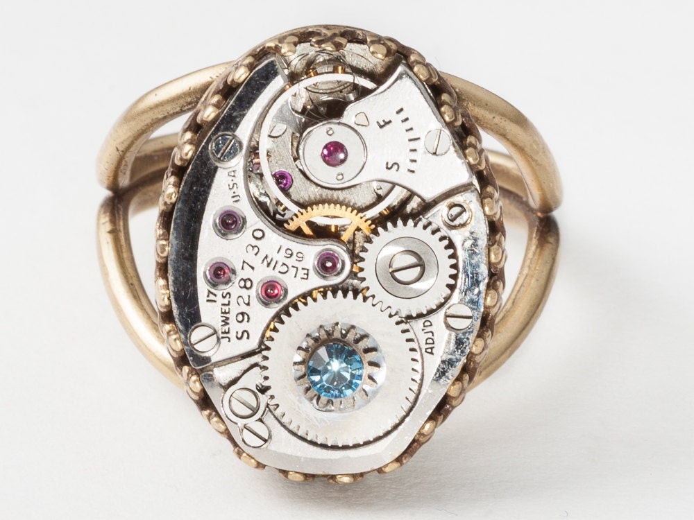 Steampunk Ring Steampunk Jewelry vintage Elgin silver watch movement gears Blue Aquamarine crystal gold filigree band Neo Victorian 2001