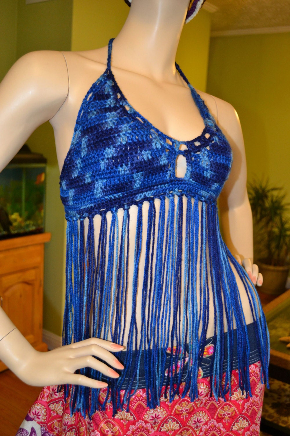 Hippie patchwork Crochet Halter Apron Top In Mixed Blue Sale