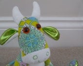 Green, turquoise and lilac vintage fabric cow toy