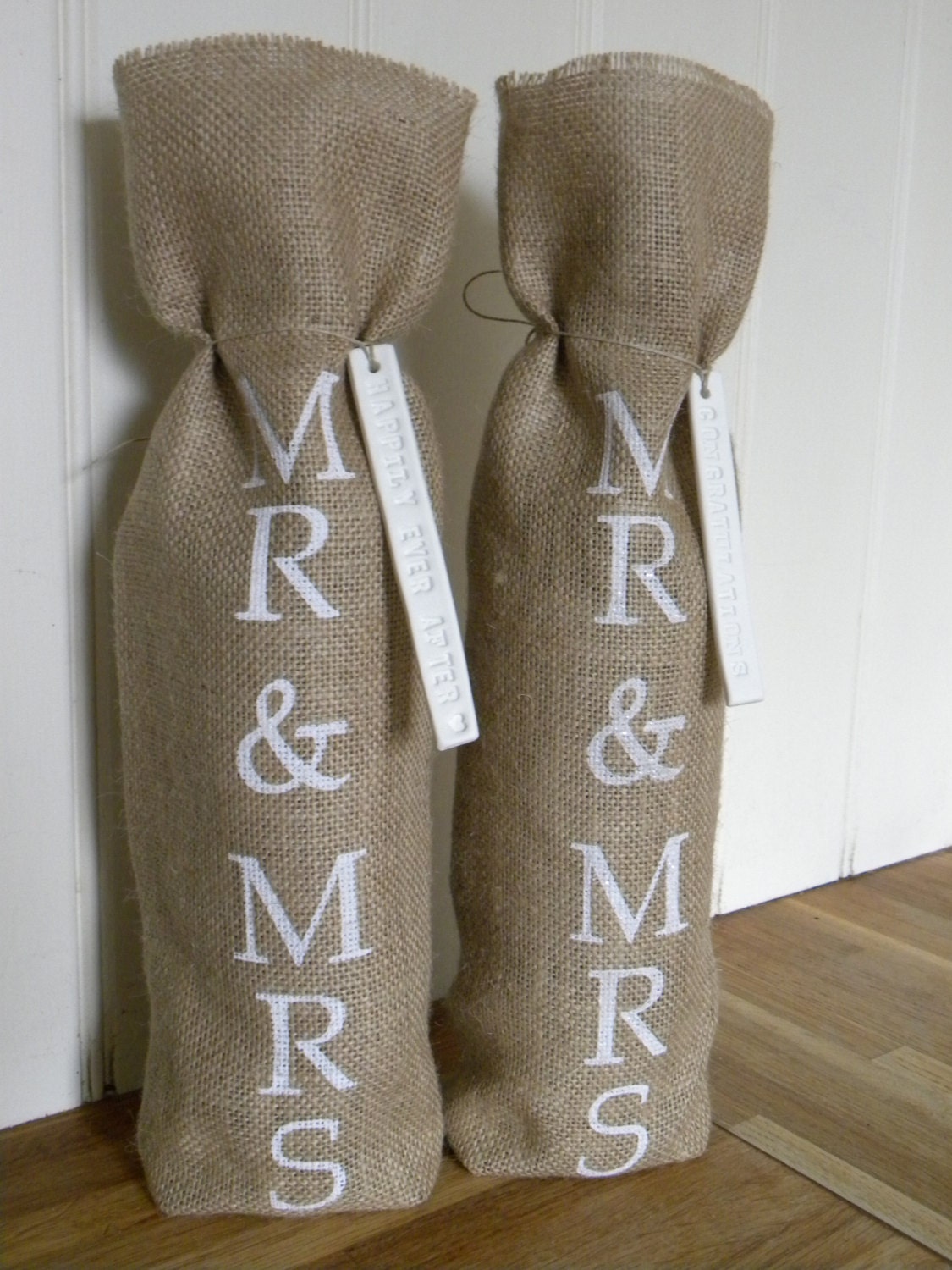 Burlap wedding mr and mrs wine bottle bag with clay tag