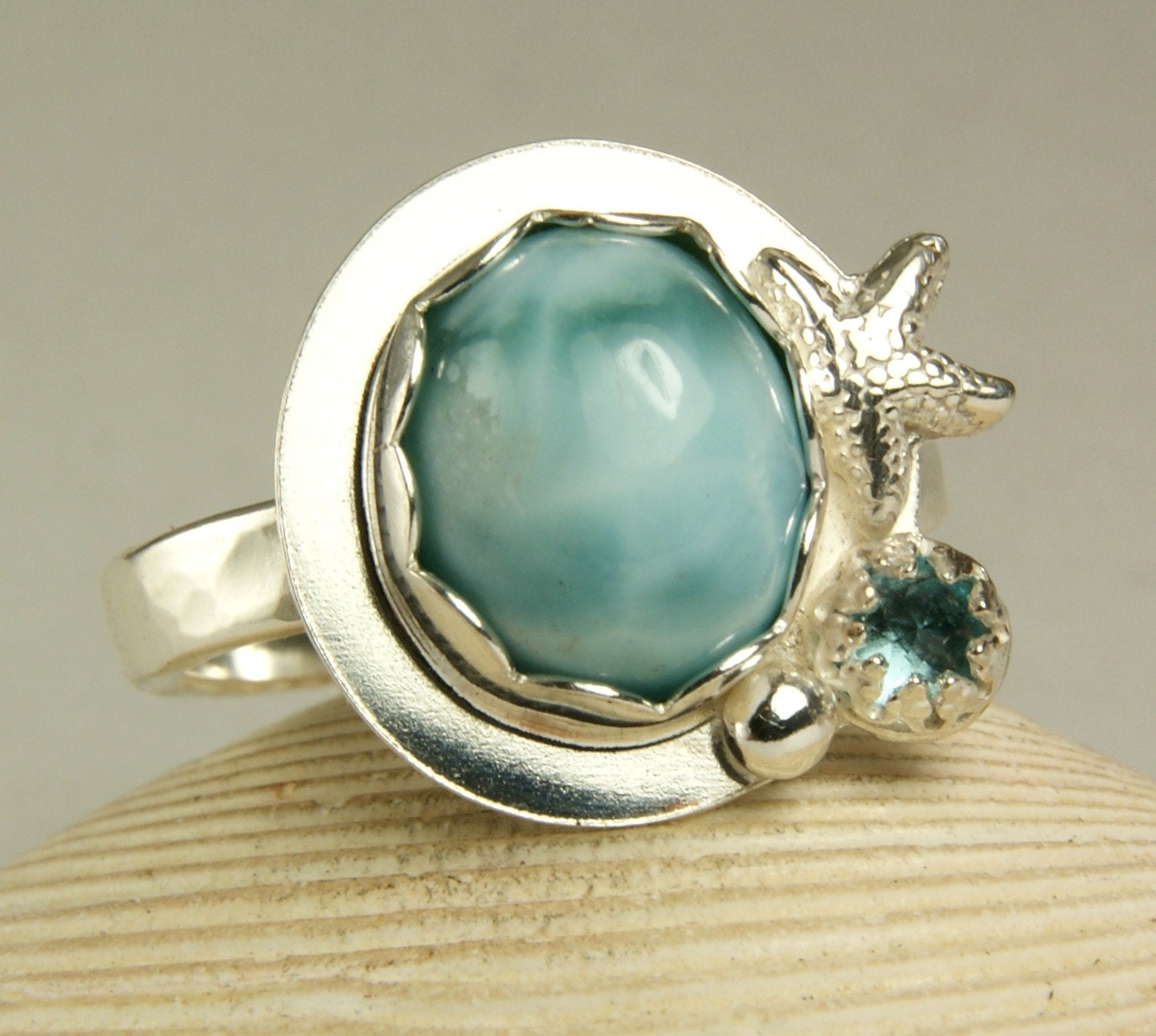 Larimar Ring, Sterling Silver, Natural Stone, Faceted Blue Swiss Topaz, Handmade Jewelry, made to order