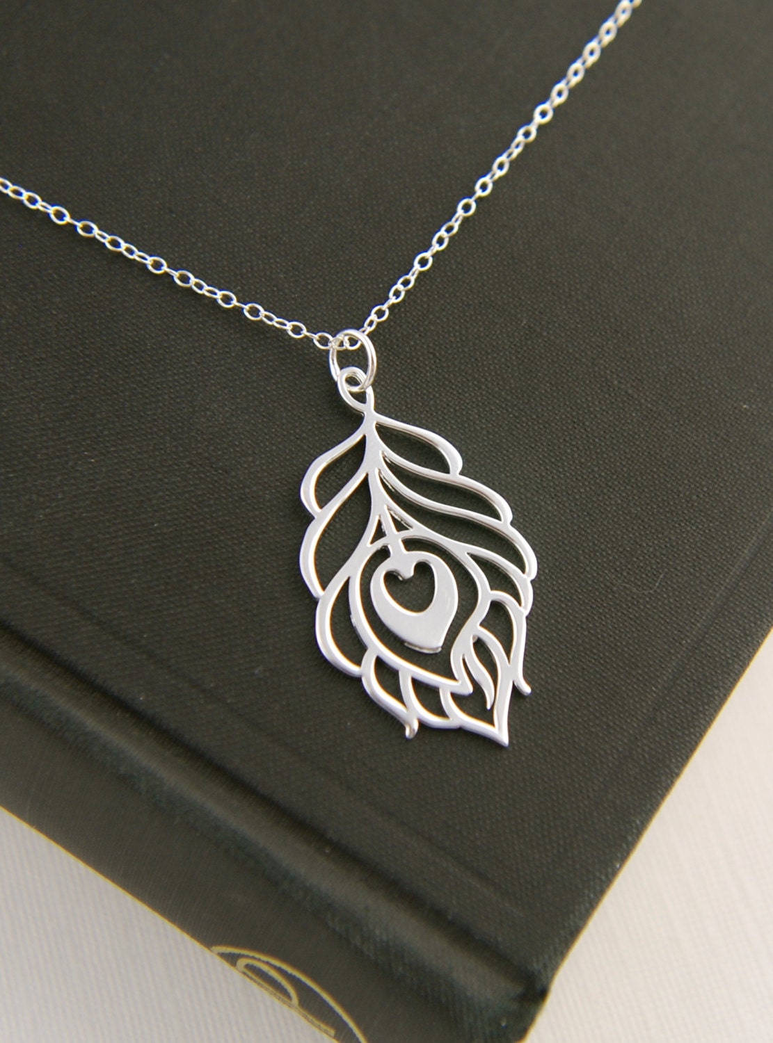 Large silver peacock feather pendant and sterling silver necklace, bird feather, peacock jewelry, heart shaped