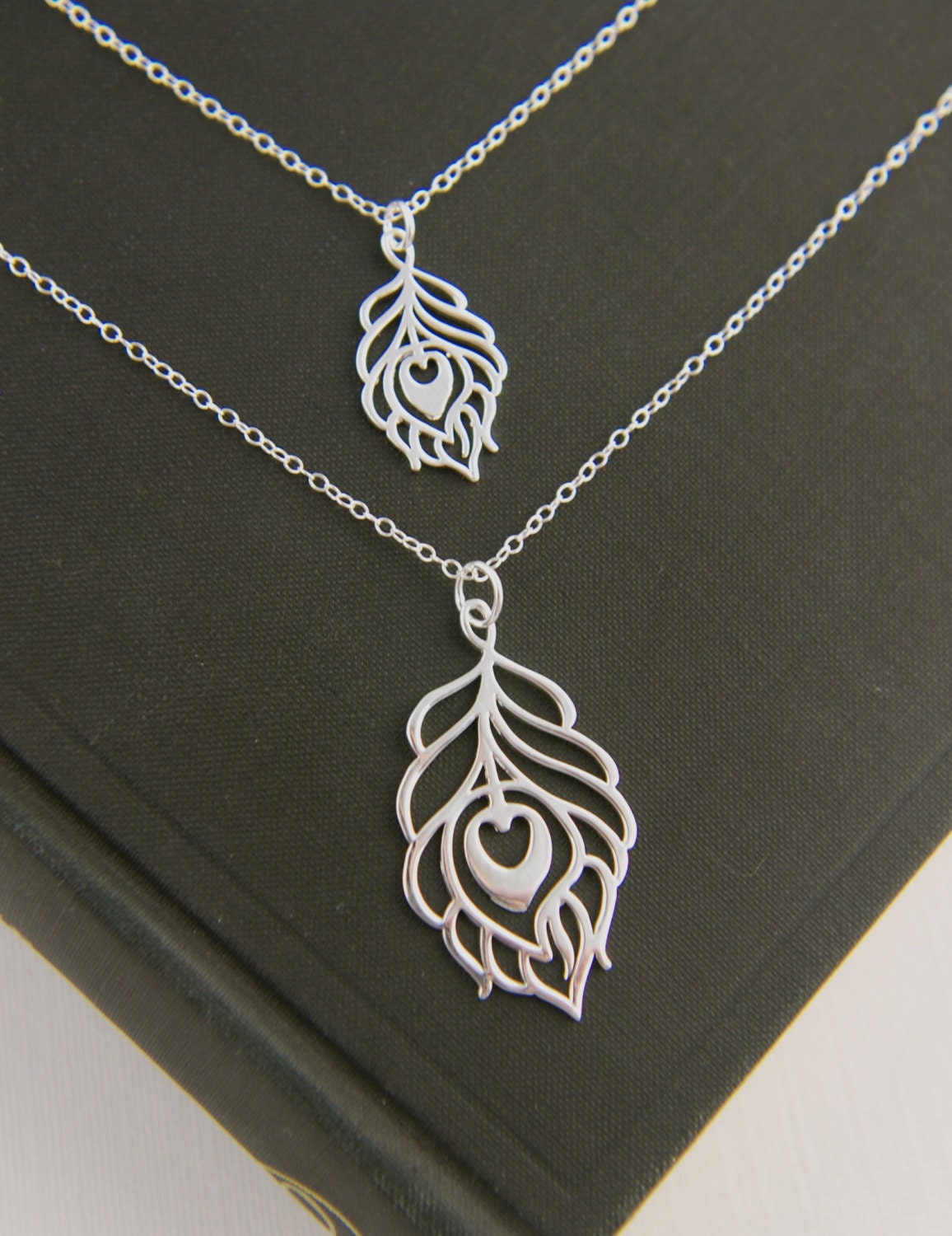 Large and small silver peacock feather pendants and sterling silver necklace, bird feather, peacock jewelry, heart shaped