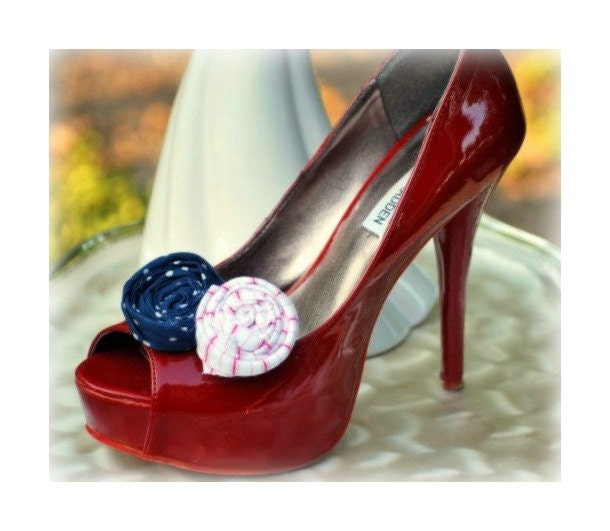 Shoe Clips Nautical Rosettes. Mediterranean Sailor Navy Red White, Rockabilly Couture Bridesmaid Bridal, Statement Stripe Polka Dot Fun