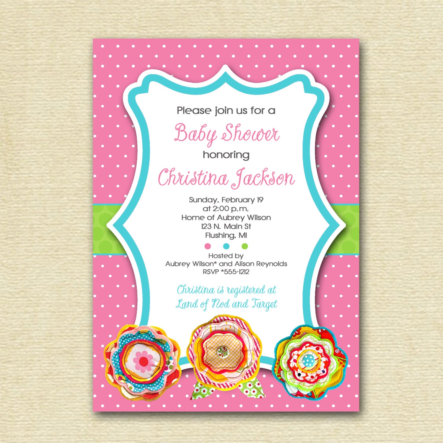 Fabric Flower Bridal or Baby Shower Invitation - PRINTABLE INVITATION DESIGN