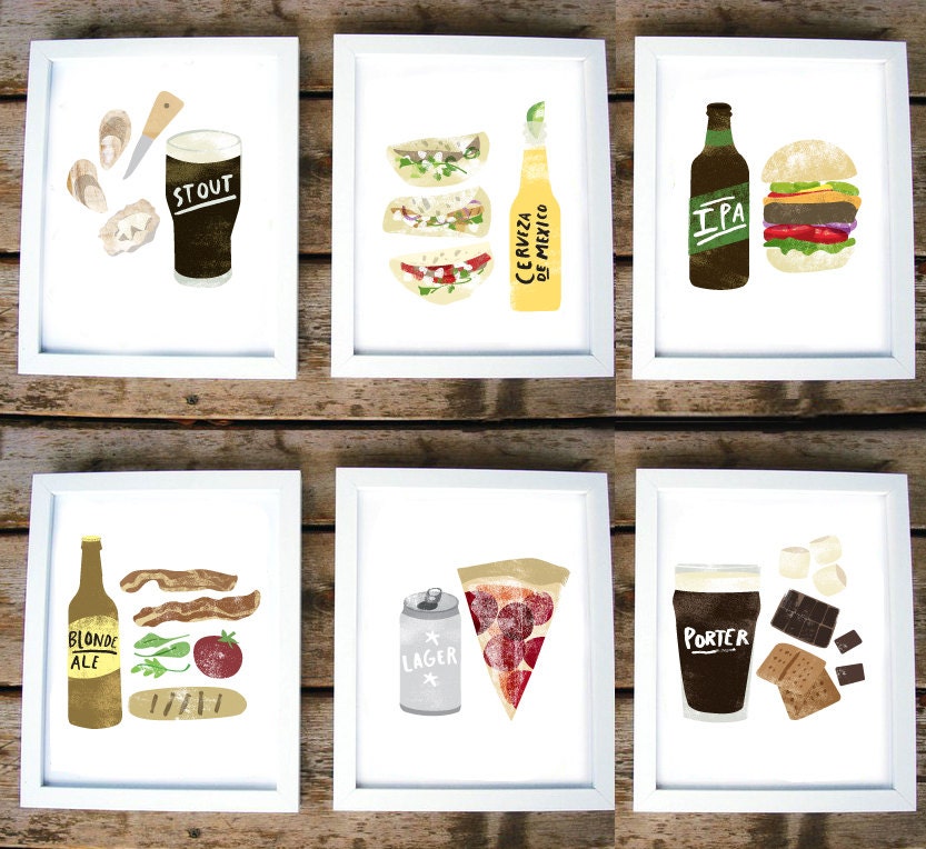 set of 6 - 5 x 7 beer/food prints