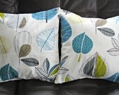 Cushions teal blue lime green gray grey maple leaf design Decorative pillow shams UK designer fabric Two 18 x 18 inch handmade