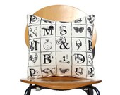 Pillow black white alphabet tea cup fish watch keys hat seahorse acorn clock duch chicken decorative cushion 16 x 16 monotone cover