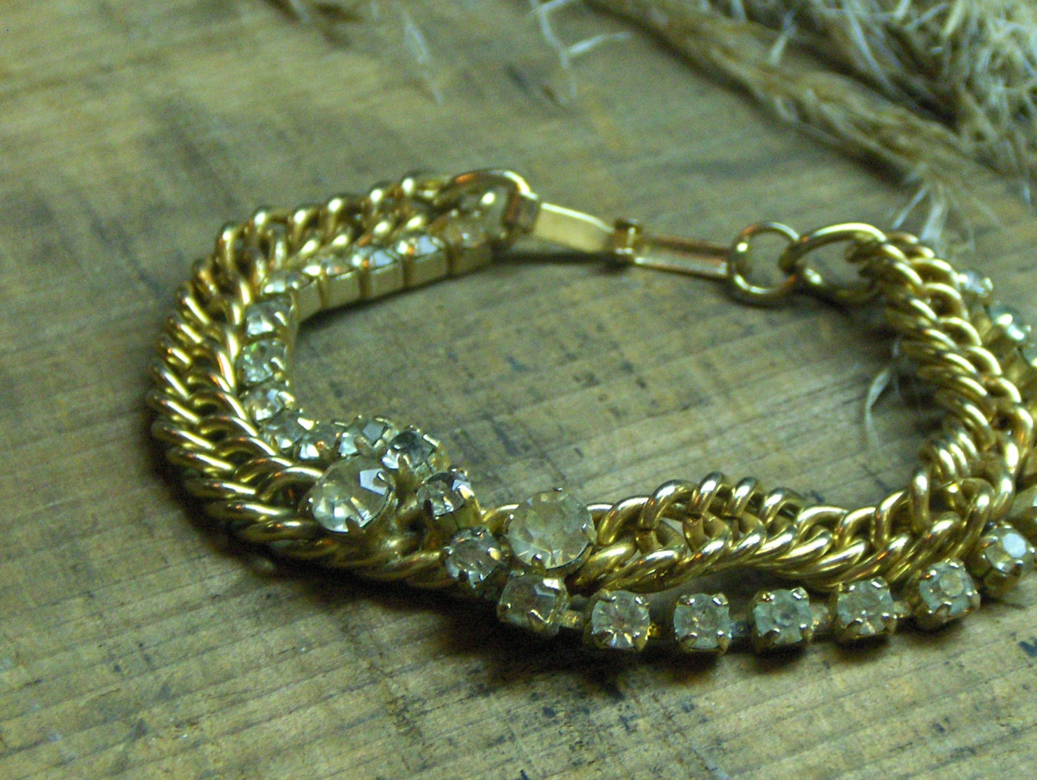 Sleeping Beauty. Vintage Rhinestone and goldtone heirloom Flapper style bracelet.