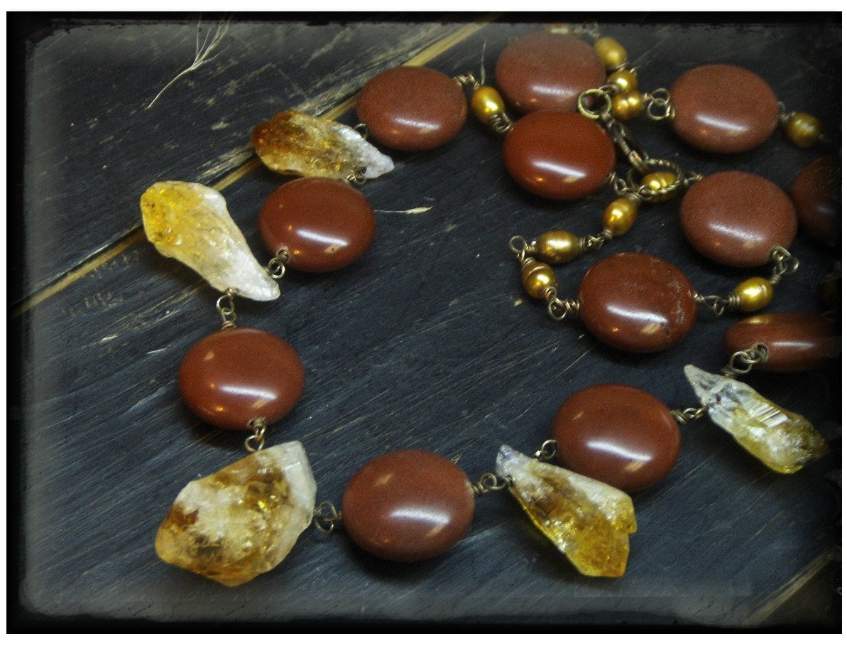 KISS THE SUN. Cinnamon Red Jasper coins, Bronze Freshwater Pearl, and rough raw Citrine Crystal Points ooak chunky bohemian necklace.