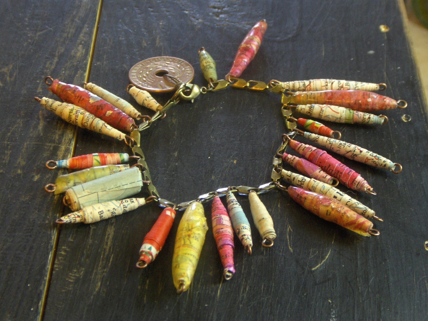 WANDERLUST . Handmade vintage Map paper beads and vintage coin funky spiky bracelet
