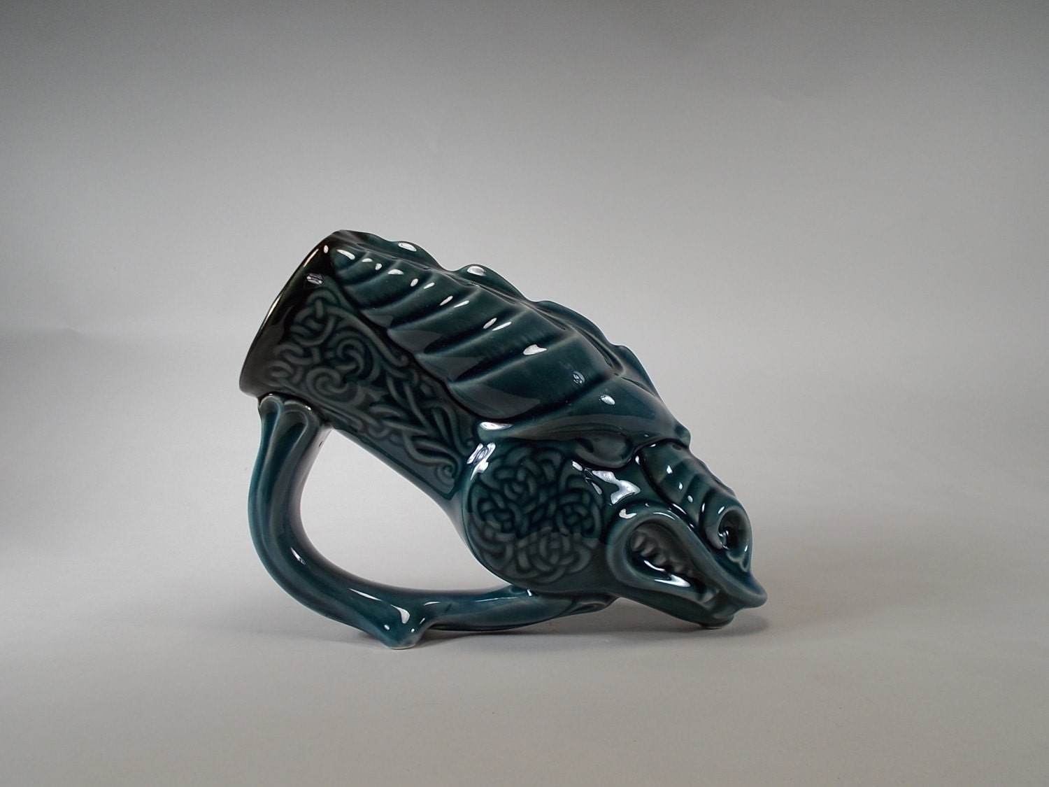 Celtic Dragon Mug - Drinking Horn - Mediterranean Blue - 16oz - Stoneware Pottery - Fantasy Art - Home Decor,  Gifts, Weddings