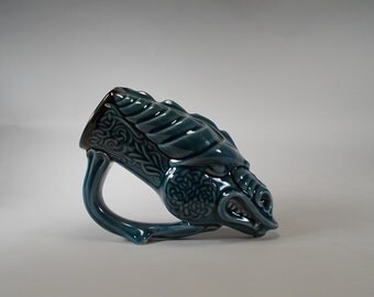 Celtic Dragon Mug - Drinking Horn - Mediterranean Blue - 16oz - Stoneware Pottery - Fantasy Art - Home Decor,  Gifts, Weddings