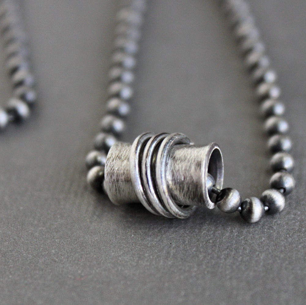 Mens Silver Necklace, Spinner Tube on Oxidized Sterling Chain