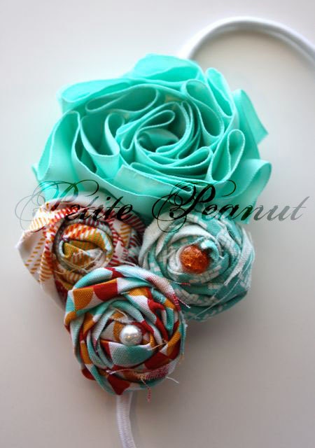 Couture Shabby Chic Satin Flower headband- Spring Easter- Teal Red Yellow collection- AQUA- CUSTOM ORDER - Photography prop