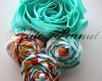 Couture Shabby Chic Satin Flower headband- Spring Easter- Teal Red Yellow collection- AQUA- CUSTOM ORDER - Photography prop