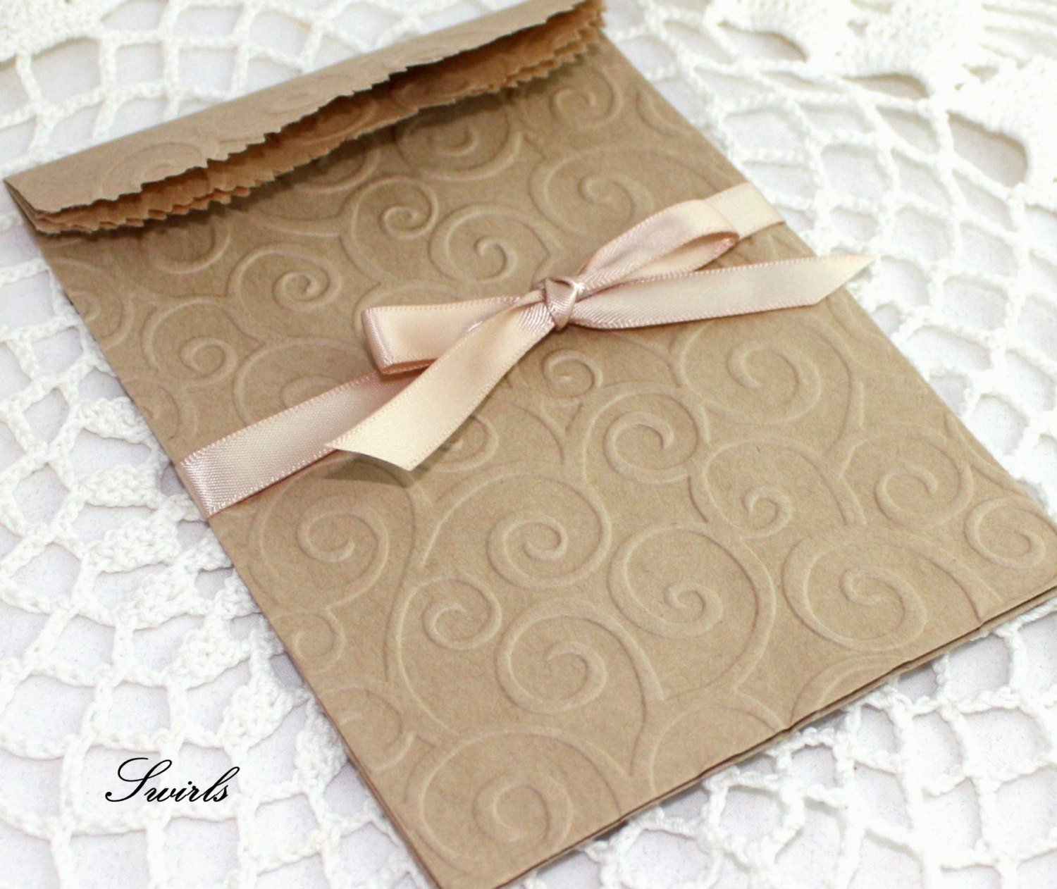 QTY 100 Kraft or White Favor Bags - Swirl Embossed - 6 3/4" x 4"