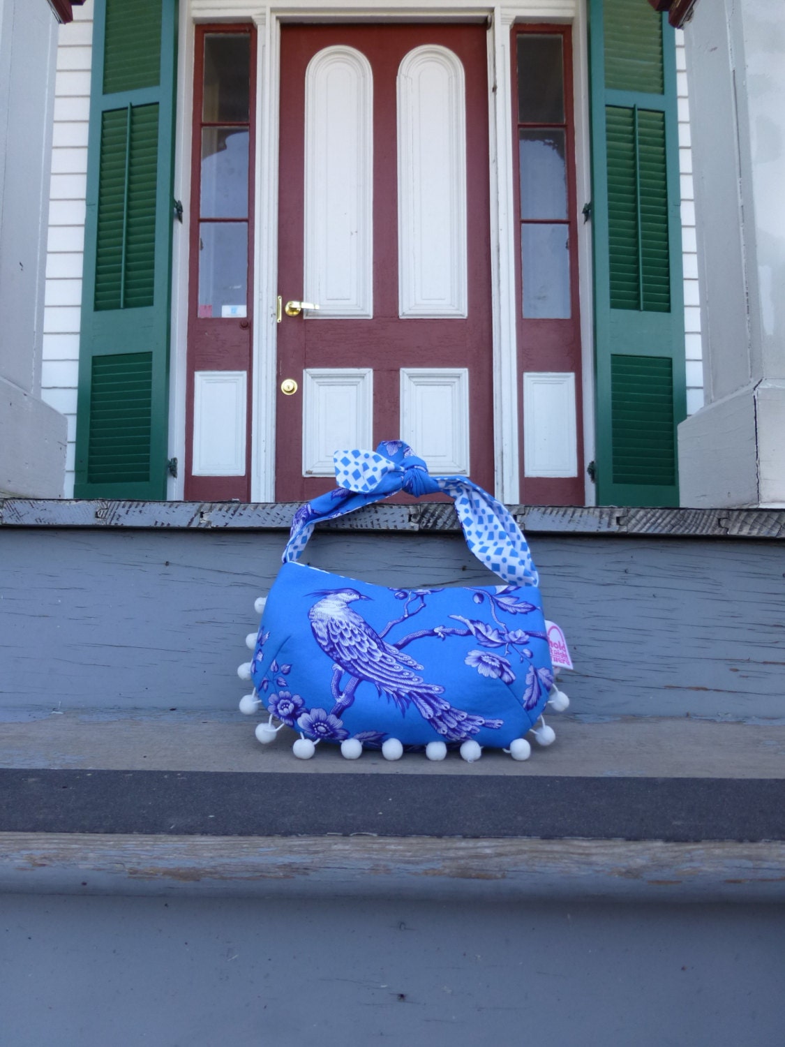 ADELPHI GIRLS PURSE - in Jennifer Paganelli's West Indies cotton fabrics - Knotted Tie Strap - Pom Pom Fringe