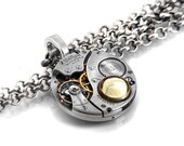 Steampunk Necklace, Jonquil Glass & Waltham Vintage Watch Movement - Long Chain Necklace, Man Necklace