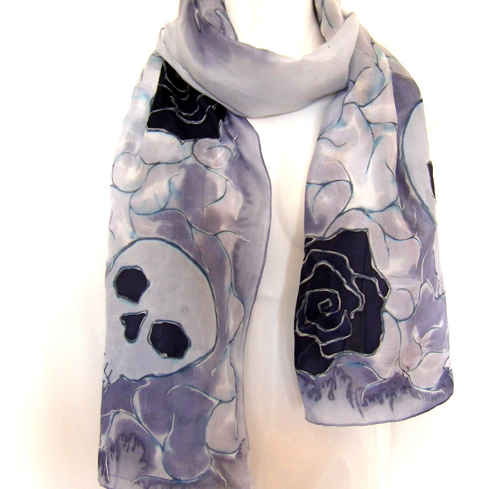 Silk Scarf, Hand Painted Silk Scarf, Skulls Roses Scarf, Black Milky Gray Goth Silk Scarf