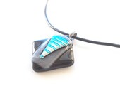 Necklace, Black, Gray, and Teal Blue Dichroic Geometric Pendant, Fused Glass Jewelry