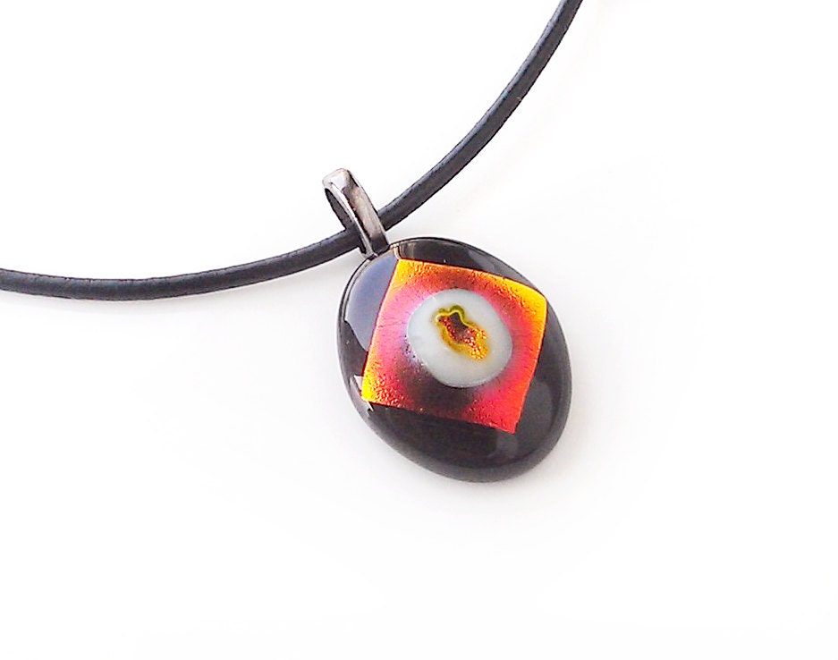 Necklace, Dichroic Gold Red Diamond Shape, Black Oval Pendant, Handmade Fused Glass