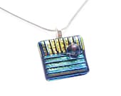 Necklace, Square, Blue & Gold Dichroic Pendant, Fused Glass