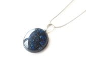 Necklace, Midnight Blue Round Pendant, Sparkling, Dichroic Fused Glass Jewelry