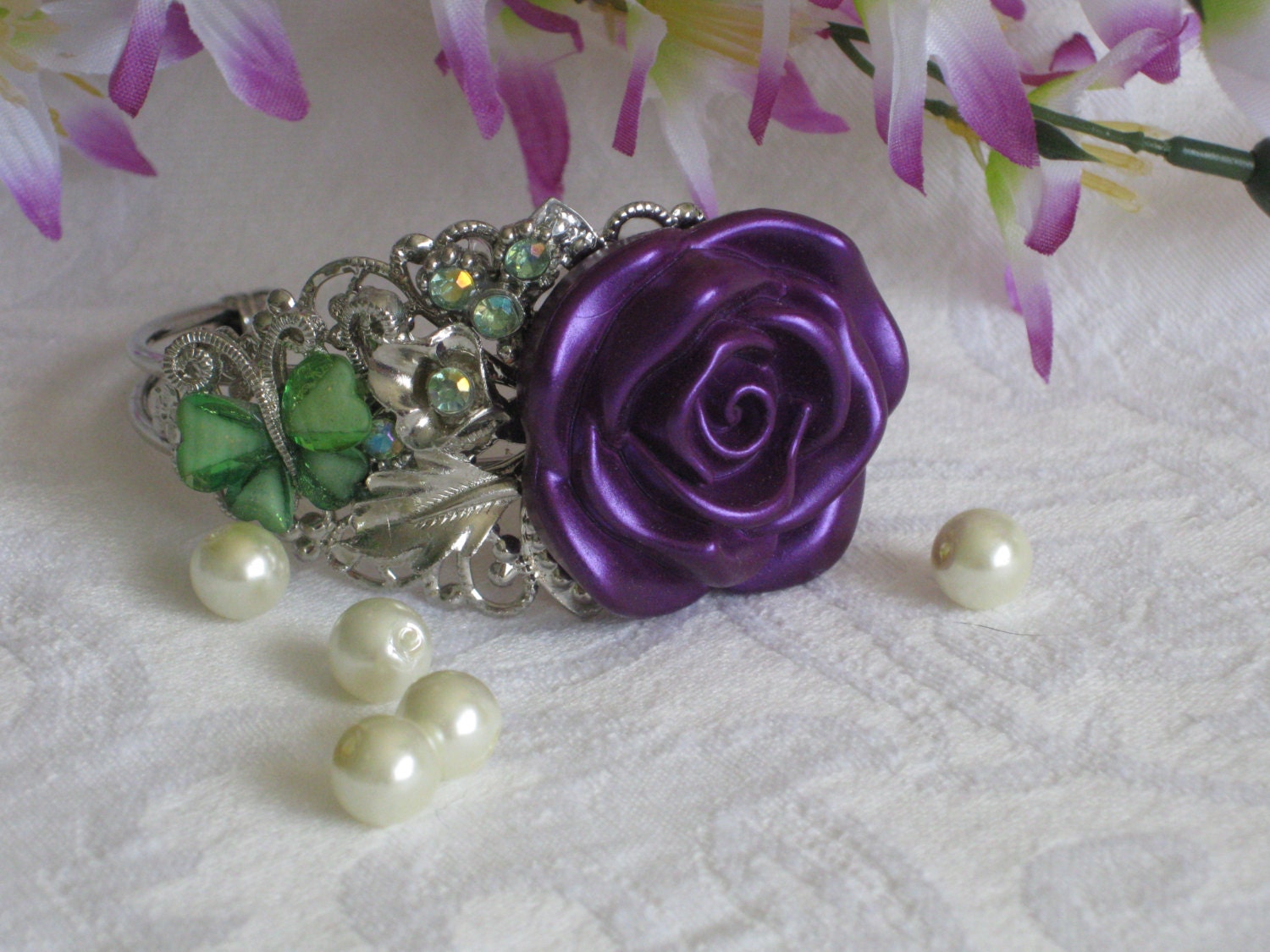 Butterfly Bracelet, Purple Flower, Floral Bracelet, Cuff Bracelet, Silver, Purple, Silver Cuff, OOAK, Chunky Bracelet