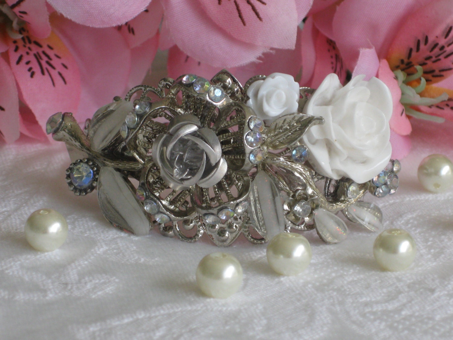 Bridal Bracelet, Rose, Flower Bracelet, Wedding Jewelry, Silver Cuff, Cuff Bracelet, Shaby Chic, Upcycled, OOAK