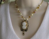 Cameo Necklace, Cameo Brooch, Cameo Jewelry, Beaded Necklace, Pearl Beaded, Crystal Beaded, Brown Cameo.