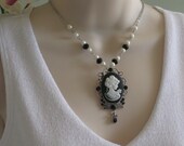 Cameo Necklace, Cameo Brooch, Beaded Necklace, Cameo Jewelry, Pearl Beaded, Crystal Beaded, Black Necklace