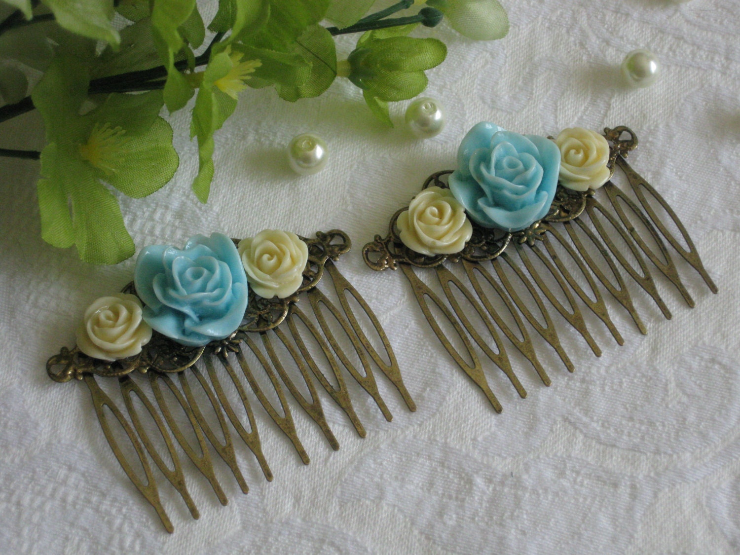 Floral Hair Combs, 2 Flower Hair Combs, Blue Flower, Rose, Hair Pin, Hair Accessory, Wedding Hair, Bridal Hair, Vintage Inspired