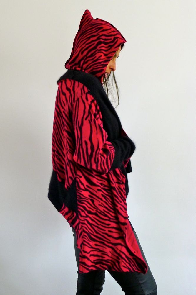 Pink & Black Zebra Upcycled Hoody Slouchy Cardigan                            Made in England UK