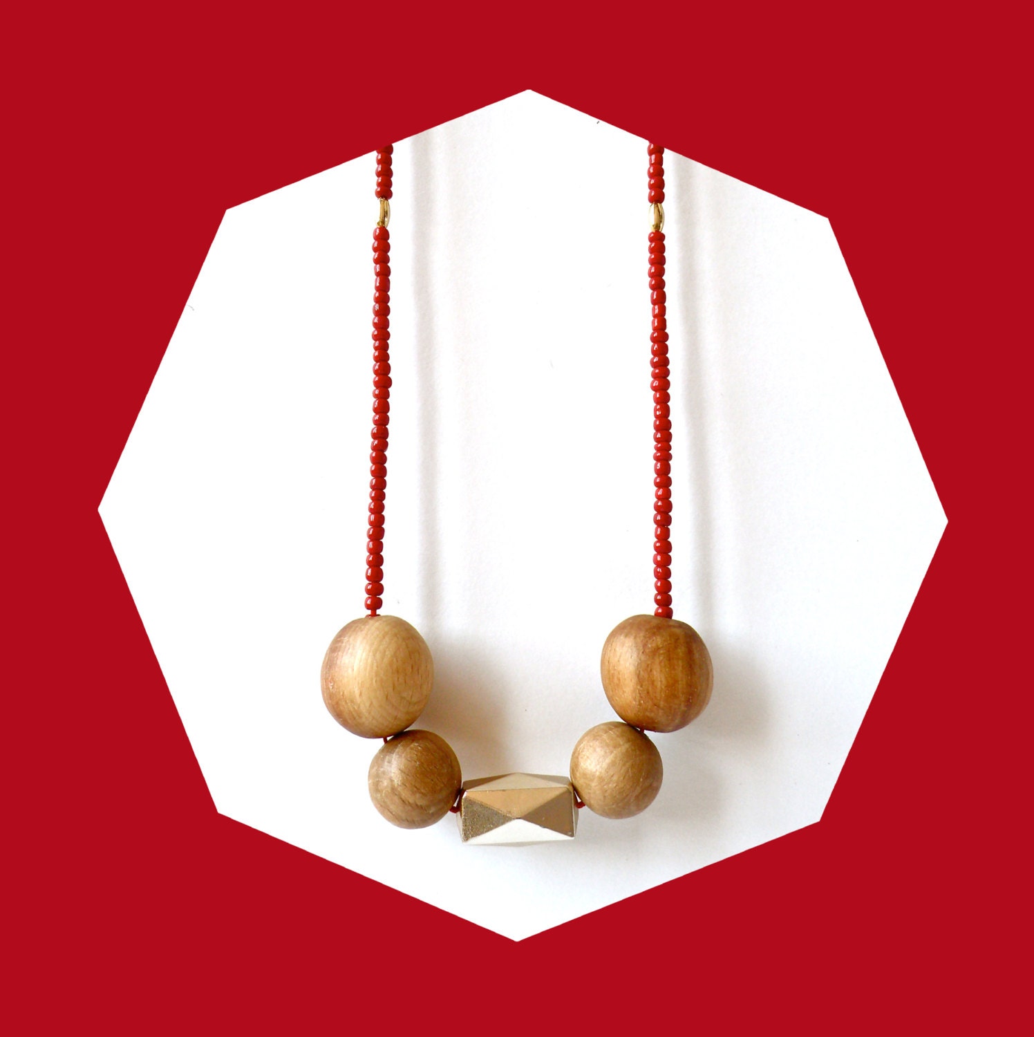 Red Beaded Pendant Necklace With Wood Round and Gold Hedron Beads / Geometric Statement Necklace