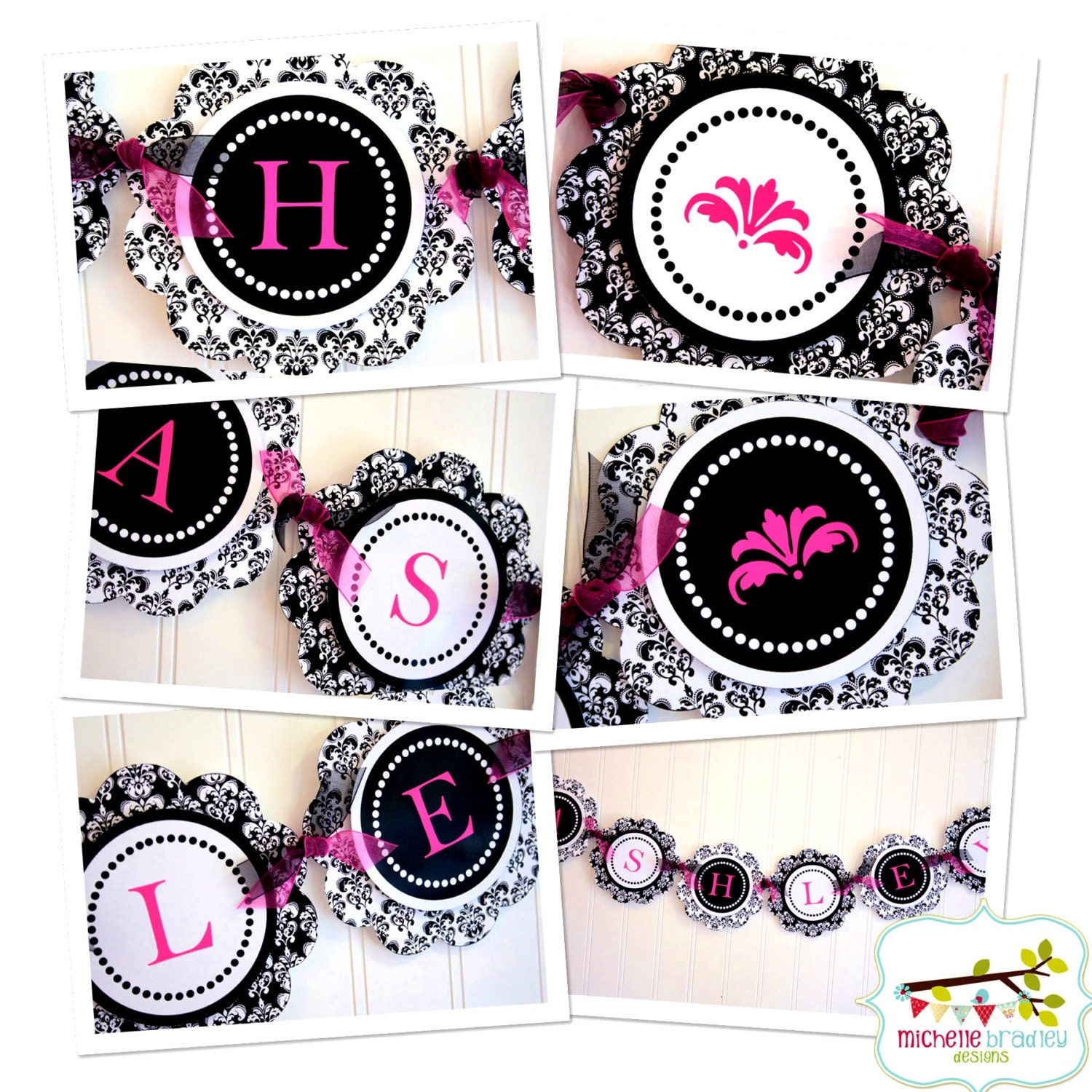 Printable Black Damask with Hot Pink Banner Kit- Instant Download