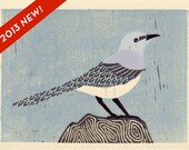 Mockingbird Handmade Linocut Oil Paint Art Block Print with Blue, Lavender, Gray, Light Blue, room decor, wall art