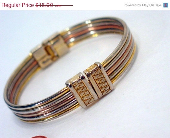 ON SALE Vintage Hinged Bangle Bracelet, Gold, Silver and Copper Tone Vintage Jewelry Jewellery