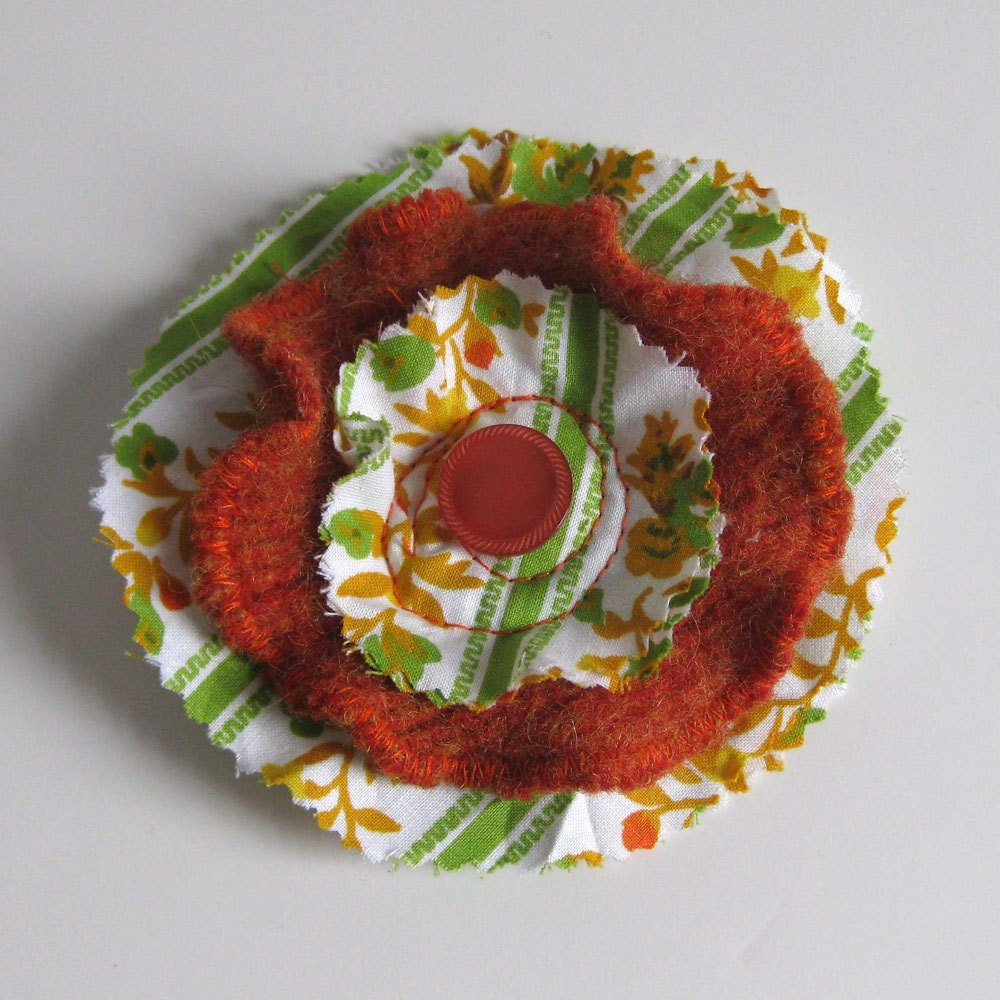 ORANGE BROOCH  - recycled brooch - flower brooch - batik brooch - flower pin
