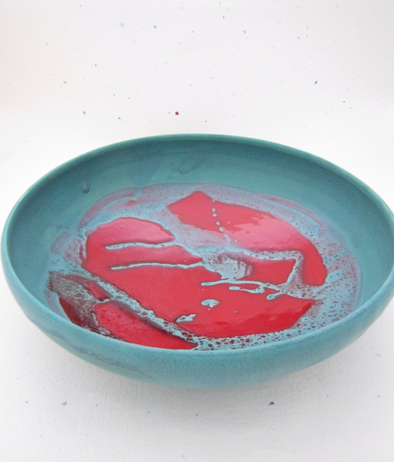 Red and Turquoise Bowl Handmade Stoneware Large Bowl Muddy Paws Pottery