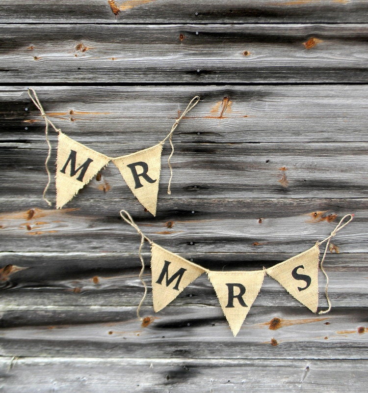 Burlap Banner, "Mr and Mrs" Rustic Wedding Decor Banner, Ckoseout SALE. Free Shipping