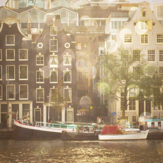 Amsterdam - City Photography, The Netherlands, architecture photography, bokeh, canal boats 8x8 Print