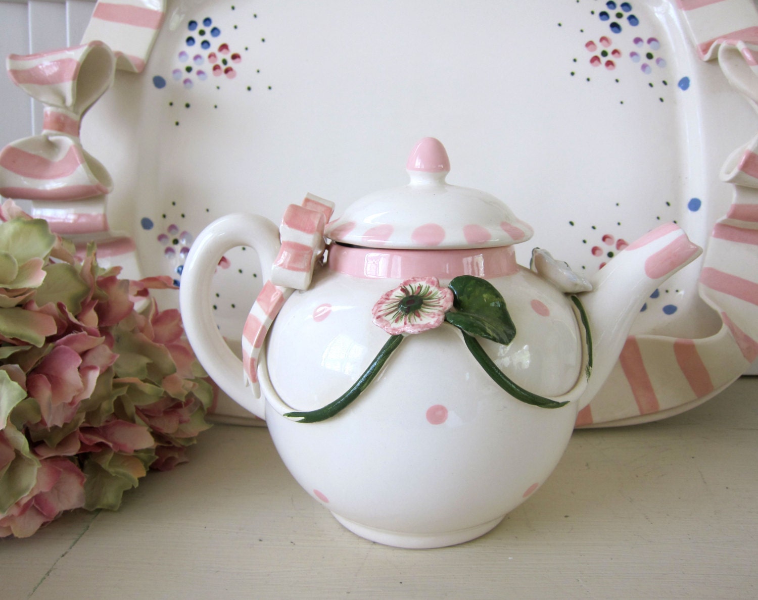 Vintage Tea Set Shabby Chic Cottage Chic Pink and White Stripes Paper Windows USA 5 Pc Set