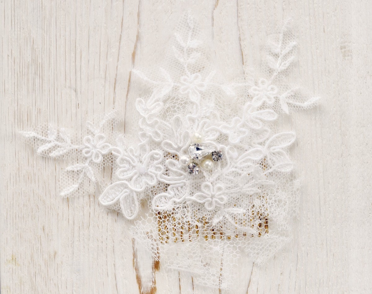 Dot style033 floral and vine lace comb centered with rhinestone and Swarovski pearl cluster