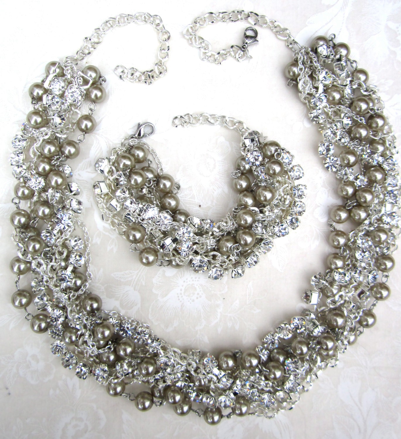 Bridal Set Rhinestone Pearl Necklace & Bracelet Vintage Wedding Old Hollywood Chunky Silver Chains - Life of the Party in Silver Necklace